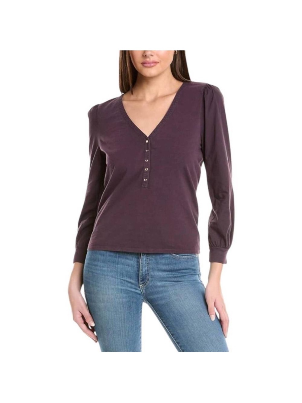 V-Neck Ivy Button Henley Long-Sleeve Top - Plum S